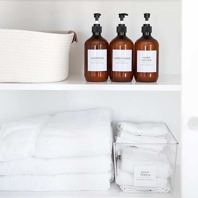 Minimalist Bathroom Labels for Organizing, 136 Preprinted Bath Room and Makeup Organizer Stickers, Waterproof Removable, Soap Shampoo Storage Supplies