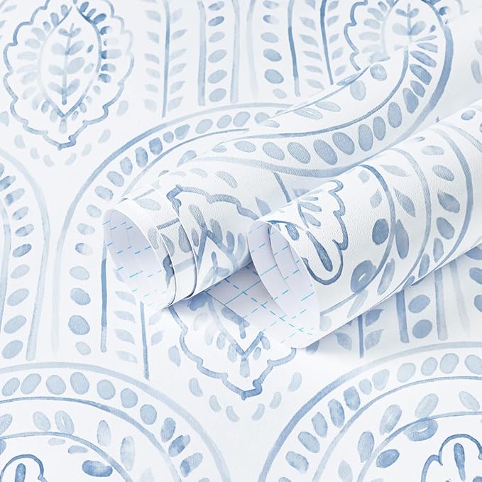 EeeComing Blue Peel and Stick Wallpaper Boho Wall Paper Peel and Stick Modern Contact Paper Self Adhesive Wallpaper for Bedroom and Bathroom Wallpaper Removable Cabinet Shelf Liner Vinyl 17.3”X197”