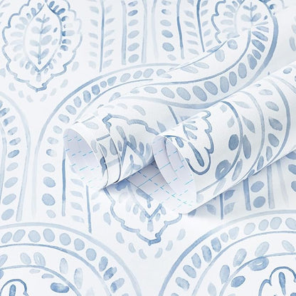 EeeComing Blue Peel and Stick Wallpaper Boho Wall Paper Peel and Stick Modern Contact Paper Self Adhesive Wallpaper for Bedroom and Bathroom Wallpaper Removable Cabinet Shelf Liner Vinyl 17.3”X197”