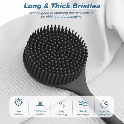 Manmihealth Silicone Back Scrubber(Thick Bristles) & Soft Bath Glove Set, Super-Exfoliating Body Scrubber & Super-Lathering Shower Brush Combination, with a Free Hook.(Black)