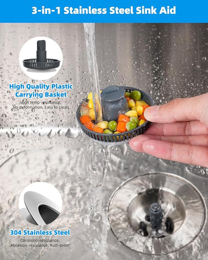 Hibbent 2 Pack Upgraded 3 in 1 Kitchen Sink Drain Strainer and Stopper Combo, Stainless Steel Metal Pop Up Sink Stopper, 6 Anti-Clogging Basket Strainers with Handle for US Standard 3-1/2 Inch Drain