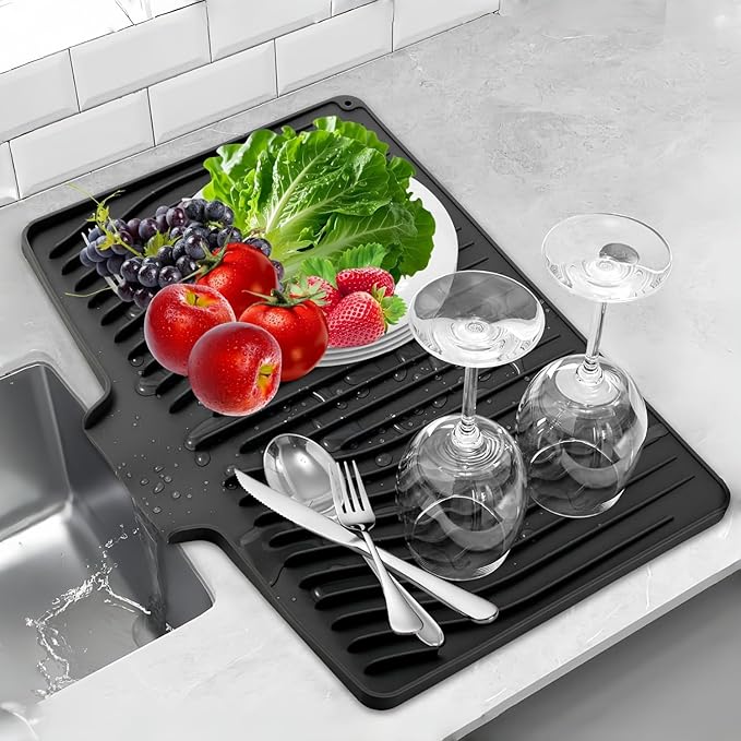 CIEO Silicone Dish Drying Mat for Kitchen Counter, Slope Fast Self-Draining, Non-Slip Drain Pad, Easy Clean Countertop Protection Mat, Multiple Use for Dishes Drying Rack（19"x 14",Black）