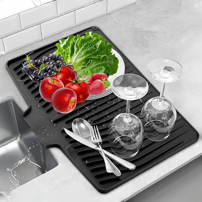 CIEO Silicone Dish Drying Mat for Kitchen Counter, Slope Fast Self-Draining, Non-Slip Drain Pad, Easy Clean Countertop Protection Mat, Multiple Use for Dishes Drying Rack（19"x 14",Black）