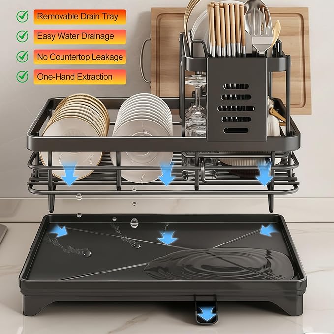 2-Tier Stainless Steel Dish Drying Rack with Drainboard - Utensil & Cutting Board Holder, Kitchen Counter Organizer Dish Drainer for Plates Bowls Cups Silverware, Space-Saving Functional, Matte Black