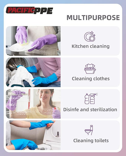 PACIFIC PPE 2 Pairs Reusable Dishwashing Cleaning Gloves with Latex Free, Cotton Lining, Kitchen Gloves, Blue, Large