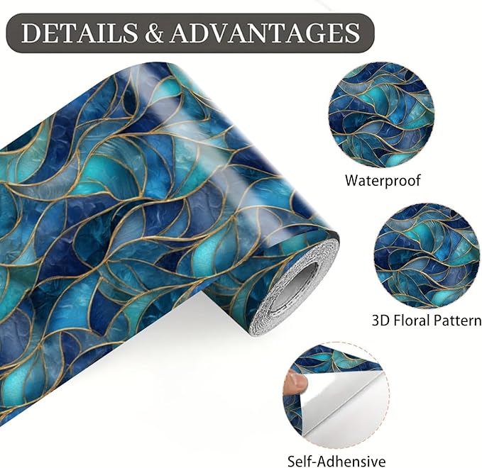 Blue Geometric Mosaic Wallpaper Border 196x4 Inch Peel and Stick Wall Border Removable Vinyl Wall Trim Modern Pattern for Kitchen Bathroom Laundry Room Home Decor