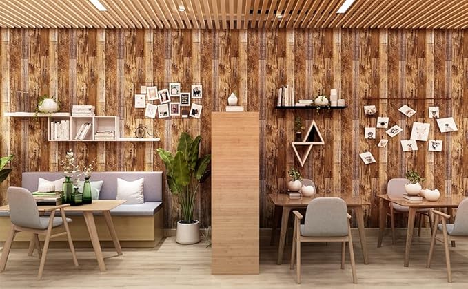 Yun-aeon Brown Wood Peel and Stick Wallpaper 17.3" X 200"Coffee Brown PVC Self Adhesive Wood Wall Peel and Stick Paper for Wall Covering Furniture Countertop Kitchen Christmas DIY