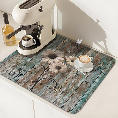 Spring Daisy Dish Drying Mat for Kitchen Counter 16 x 18 Inch Vintage Farmhouse Dish Drainer Mat Absorbent Microfiber Shabby Chic Flowers Dish Rack Pad for Coffee Dining Bar Decor