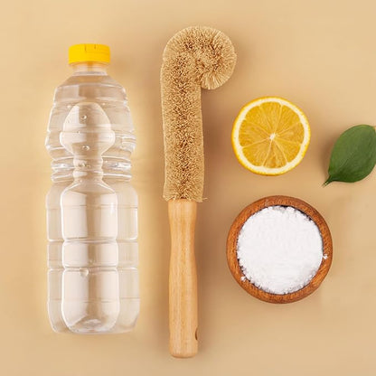 2PCS Coconut Brush Fiber Bottle Wooden Cleaning Brush, Scrub Head for Deep Pan Cleaning Washing, Sturdy Eco-Friendly with Natural Wood Handle Holder, Bristle Scrubber Set for Kitchen Dishes Vegetable