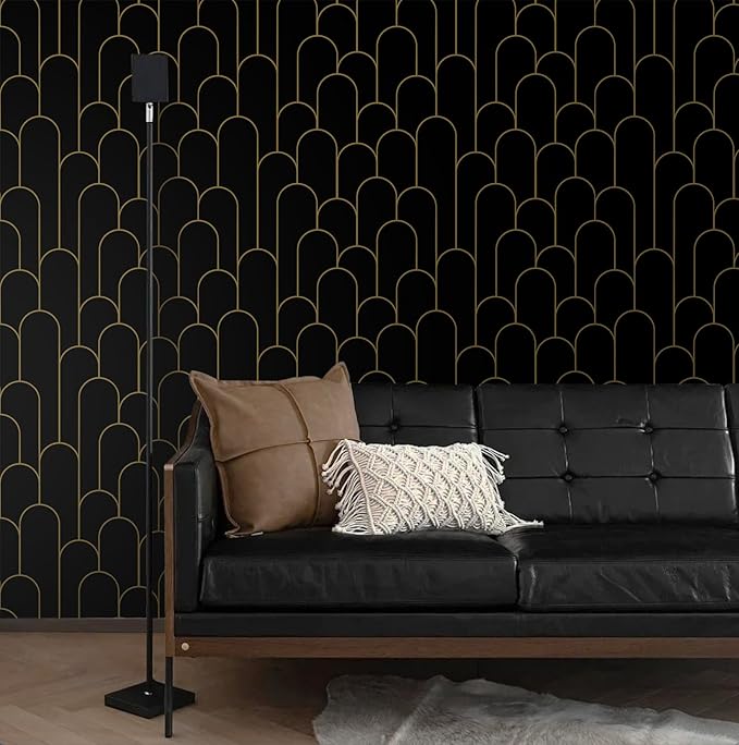 Yasinet Black and Gold Wallpaper Black Geometric Contact Paper Modern Stripe Removable Self Adhesive Wall Paper Decorative for Wall Bedroom Vinyl Film 17.3”x197”