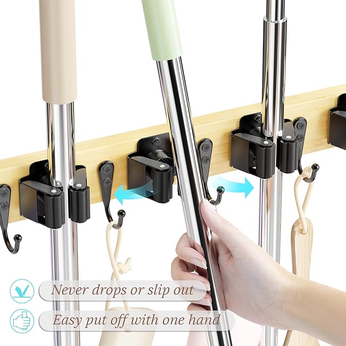 Mop and Broom Holder Wall Mount - Bamboo Broom Mop Hanger - Wall Mounted Garden Tool Rack Organizer for Closet Garage Laundry Room Kitchen Decor With 5 Slots & 4 Hooks (Bamboo)