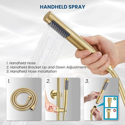 gotonovo Outdoor Shower Fixtures SUS304 Stainless Steel Rain Shower Kit Faucet High Pressure Wall Mount 2 Dual Function 8 Inch Showerhead and Handheld Spray Combo, Single Handle, Brushed Gold