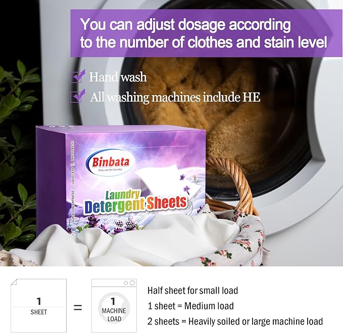 Binbata Laundry Detergent Sheets, 200 Loads Lavender Scent Hypoallergenic Eco-Friendly, Biodegradable Plastic Free Liquidless Laundry Sheets Suitable for Sensitive Skin