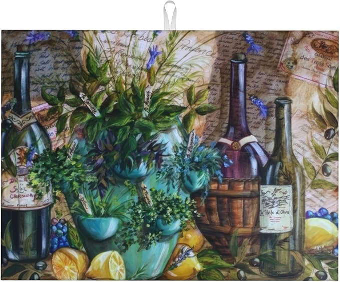 Retro Colorful Wine Flower Dish Drying Mats for Kitchen Counter, Absorbent Reversible Microfiber Dish Drying Pad, Multi-Use Large Drying Mat Coffee Bar Accessories 18"x24"