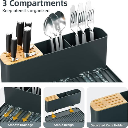 Urackify Large Dish Drying Rack, Expandable Dish Racks for Kitchen Counter, Multifunctional Dish Drainer with Utensil Holder & Cup Holder, 18.5"-26.7" L x 12.7" W, Dark Slate Gray