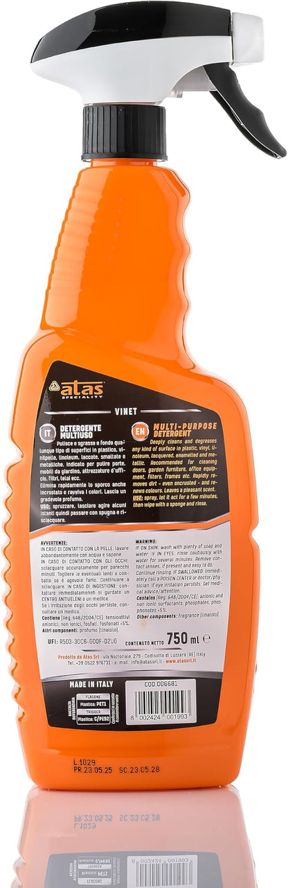 VINET – Multisurface Cleaner Spray 750ml for Car, Home & Outdoor – for Plastic, Leather, Glass & Metal – No Residues – Water-Based, Biodegradable, Fresh Scent, Made in Italy