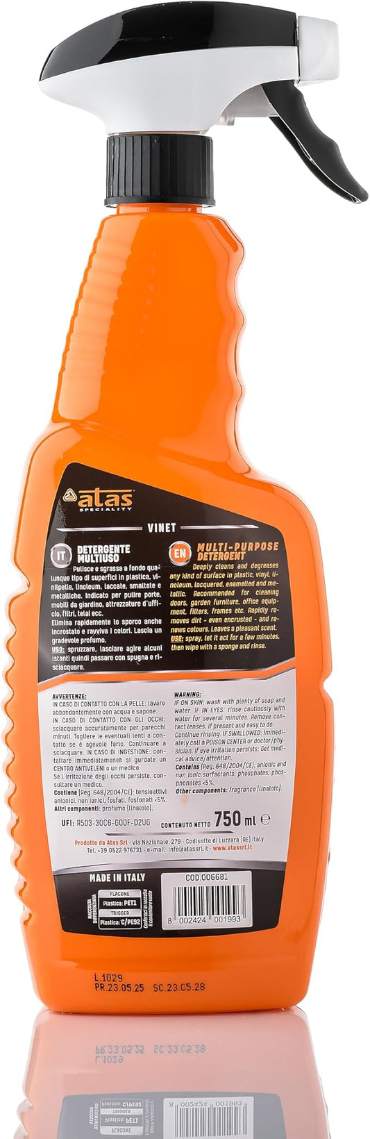 VINET – Multisurface Cleaner Spray 750ml for Car, Home & Outdoor – for Plastic, Leather, Glass & Metal – No Residues – Water-Based, Biodegradable, Fresh Scent, Made in Italy