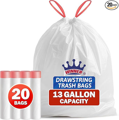 WINNER Trash Bags 13 Gallon, 20 Count Drawstring Tall Kitchen Garbage Bags, Unscented White Recycling Bags, Trash Can Wastebasket Bin Liners House Essentials for Bathroom Apartment Home and Kitchen
