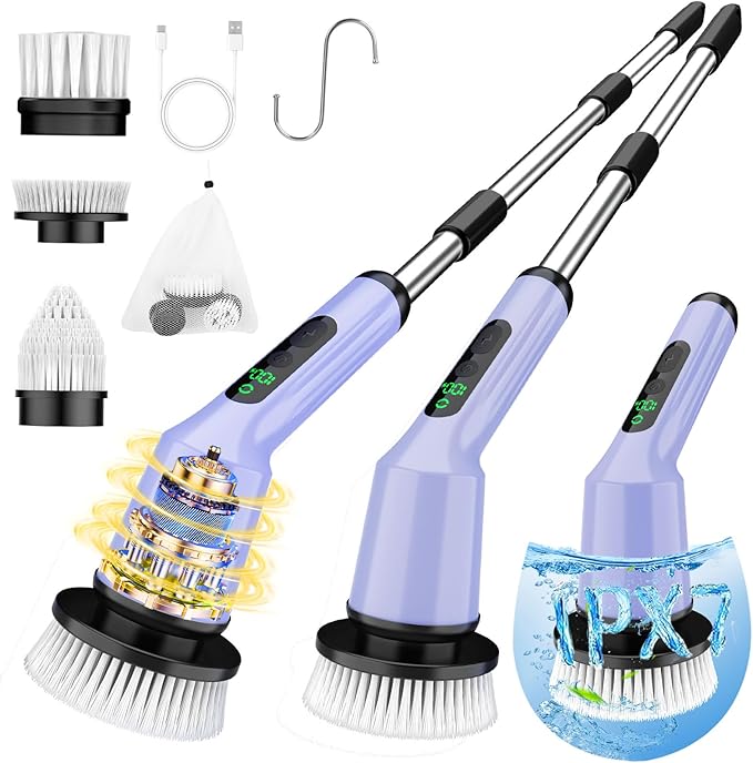 Electric Spin Scrubber for Cleaning Bathroom, Shower Scrubber Rotary Floor Brushes with IPX7 Waterproof & 2 Speed, 3 Brush Heads, Bathroom Cleaning Supplies for Shower Tub Tile Toilet Purple