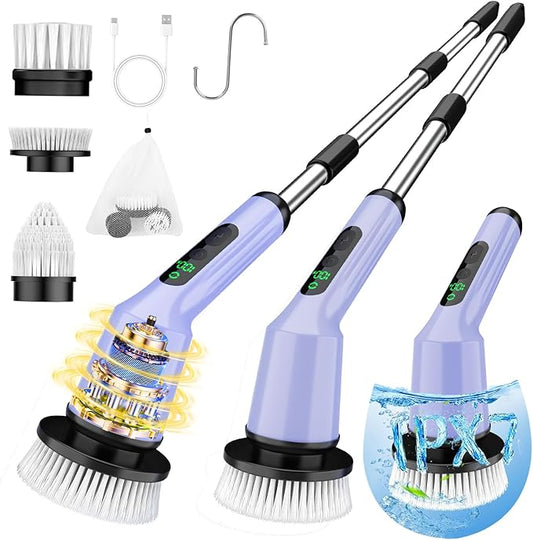Electric Spin Scrubber for Cleaning Bathroom, Shower Scrubber Rotary Floor Brushes with IPX7 Waterproof & 2 Speed, 3 Brush Heads, Bathroom Cleaning Supplies for Shower Tub Tile Toilet Purple