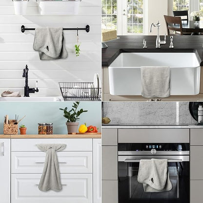 R HORSE 4Pcs Grey Hand Towels with Hanging Loops, Absorbent Coral Fleece Gray Kitchen Cleaning Dishcloth Soft Thick Oven Dish Cloth Dry Hanging Hand Towel for Kitchen Bathroom