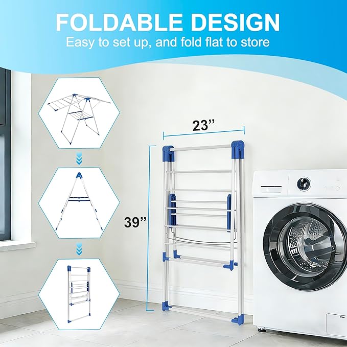 Drying Rack Clothing, Clothes Drying Rack Foldable, Includes 24 Clothespins, Space-Saving Free-Standing, 2 Height-Adjustable Gullwings, Indoor Outdoor Use