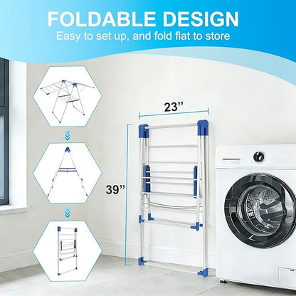 Drying Rack Clothing, Clothes Drying Rack Foldable, Includes 24 Clothespins, Space-Saving Free-Standing, 2 Height-Adjustable Gullwings, Indoor Outdoor Use