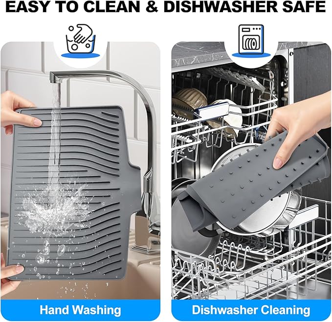 Silicone Dish Drying Mat for Kitchen Countertops and Sinks,19 x13.7 Inch Non Slip Heat Resistant Mat with Built In Drainage System,For Refrigerator and Drawer Liners (Gray, 19 x13.7 Inch)
