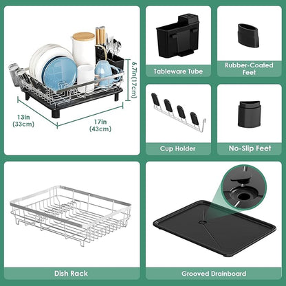 MOUKABAL Dish Drying Rack, Dish Rack, Stainless Steel Dish Racks for Kitchen Counter, Dish Drainer with Removable Utensil Holder, Drainboard (Black,Stainless Steel,13''W x 17''L)