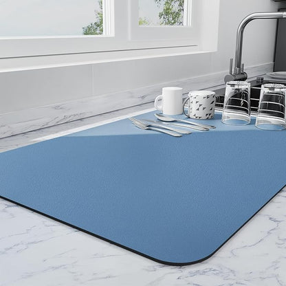 Ecotrim - Dish Drying Mat for Kitchen Counter | Coffee Bar Mat for Countertops | Heat Resistant Drainer Mat with Non-slip Rubber Backed | Hide Stain Kitchen Absorbent Draining Mat | Blue 16"x24"