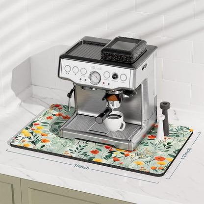 Rnivvi Coffee Mat, 12" x 19" Cute Coffee Bar Mats for Espresso Machine Station Accessories and Organizer, Hide Stain Rubber Backed Absorbent Dish Drying Pad for Kitchen Counter, Abstract Flowers