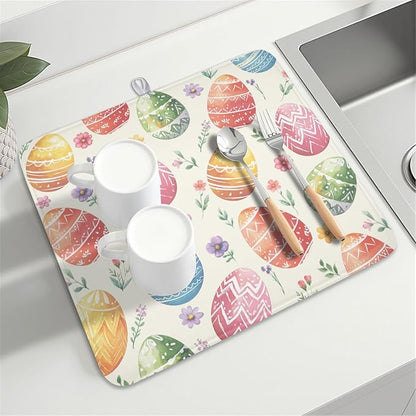 Easter Dish Drying Mat for Kitchen Counter Colorful Easter Eggs Floral Pattern Drying Mat 16x18 Inch Spring Holiday Absorbent Dish Drainer Mat Kitchen Accessories