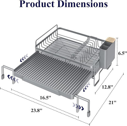 Kitsure Extendable Dish Drying Rack - Adjustable Length 12.8"–21.0", Auto-Draining Dish Rack for Kitchen Counter, Rust-Resistant Metal Frame Over-Sink Support for Plates, Bowls & Utensils, Grey