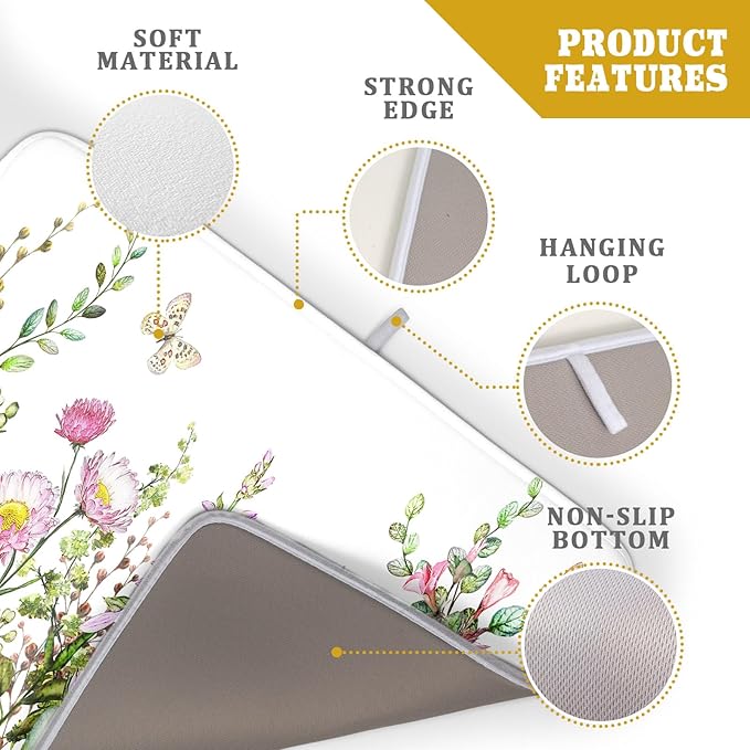 Aportt Spring Summer Floral Dish Drying Mat With Absorbent Reversible Microfiber Green Leaf Plants Flowers Drying Mats 18 x 24 Inch Dish Drainer Mat Fast Dry For Kitchen Dining Room