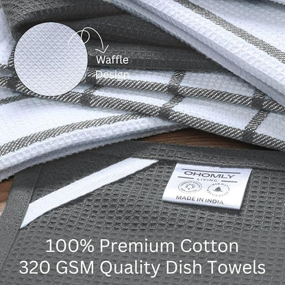 Assorted Waffle Kitchen Towels 100% Cotton Set of 6 - Heavy Duty 320 GSM Quality Dish Cloths Towel - Soft Absorbent Washable for Kitchen Use - Quick Drying Dish Towel 16x26 inch Grey