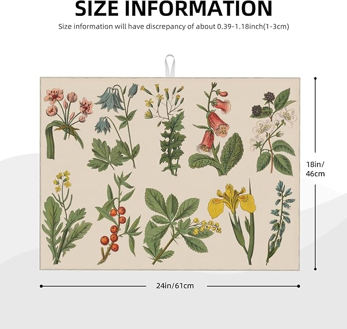 Plants Herbs Floral Dish Drying Mats for Kitchen Counter, Absorbent Reversible Microfiber Dish Drying Pad, Multi-Use Large Drying Mat Coffee Bar Accessories 18"x24"
