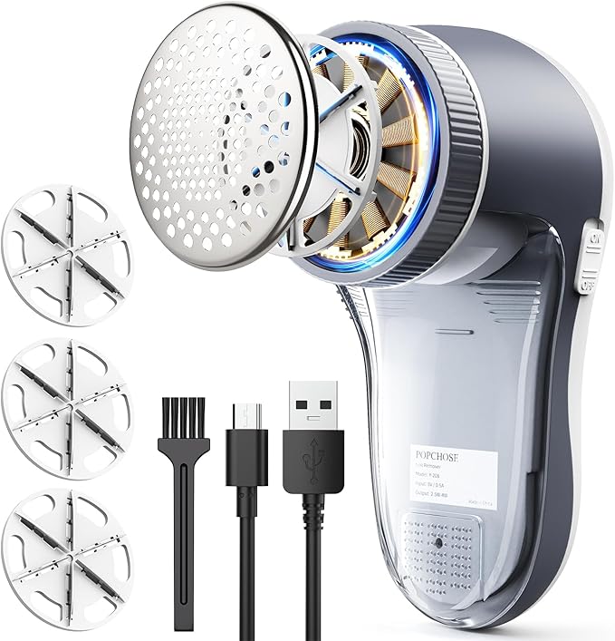 POPCHOSE Fabric Shaver, Lint Shaver for Clothing, Electric Lint Remover with 6-Leaf Blades, Sweater Shavers to Remove Pilling, Clothes Shaver for Couch, Furniture, Fuzz, Lint Ball, USB Rechargeable