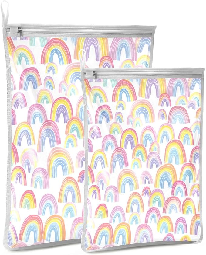 Mesh Laundry Bags Lingerie Bags for Washing Delicates 2 PCS Durable Wash Bag with Zipper Small and Medium Washable Gradient Cute Rainbows