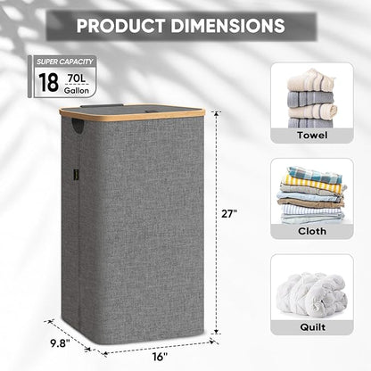 BALEINE Laundry Hamper with Lid, Tall Laundry Baskets with Bamboo Pull Handles, Large Laundry Bin with Internal Support (18 Gal/70L, Beige)