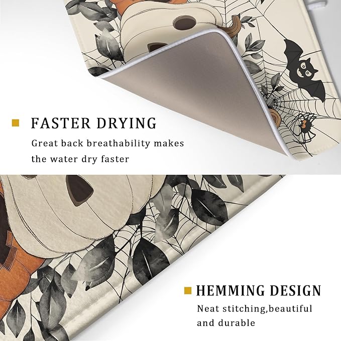 Halloween Pumpkin Dish Drying Mat for Kitchen Counter 18x24 Black Bat Spiderweb Holiday Scary Theme Absorbent Reversible Microfiber Drying Mats Kitchen Countertop Protector Dishes Drainer Pad