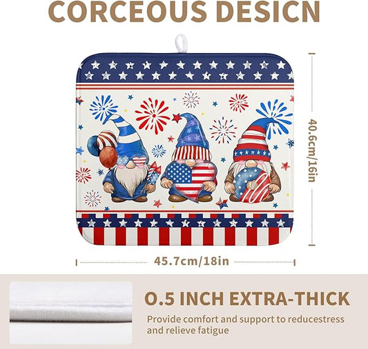 Patriotic Gnome Drying Mat 16x18 Inch American Memorial Day Independence Day Microfiber Dish Drainer Super Absorbent Dish Rack Mat for Kitchen Counter Holiday Decor