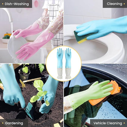 KAQ Dishwashing Cleaning Gloves 3 Pairs-Reusable Cotton Liner Rubber Gloves Long cuff 19.5" Non-Slip Kitchen Gardening Gloves