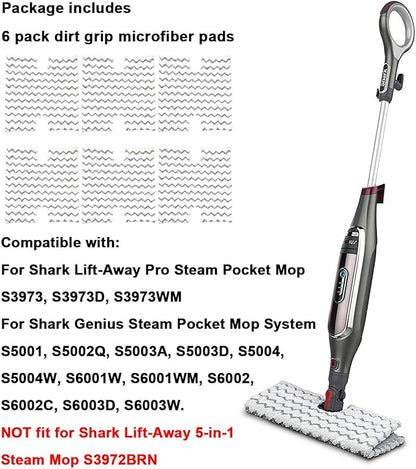 Extolife 6 Pack Steam Mop Pads Replacement P184WQ for Shark Genius Steam Mop S5003D & Lift-Away Pro Steam Mop S3973 S3973D S3973WM S5001 S5002Q S5003A S5004 S5004W S6001W S6001WM S6002C S6003D S6003W
