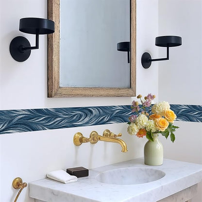 Blue Abstract Wallpaper Border 196x4 Inch Peel and Stick Wall Border Modern Wave Pattern Removable Vinyl Wall Trim Bathroom Kitchen Living Room Bedroom Home Decor