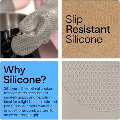 GORILLA GRIP BPA-Free Soft Silicone Oven Mitts, Heat Resistant and Waterproof Cooking Gloves, Thick Cotton Lining, Flexible Gripping for Baking Grilling, Kitchen Potholders Set of 2, 12.5x8.3, Almond