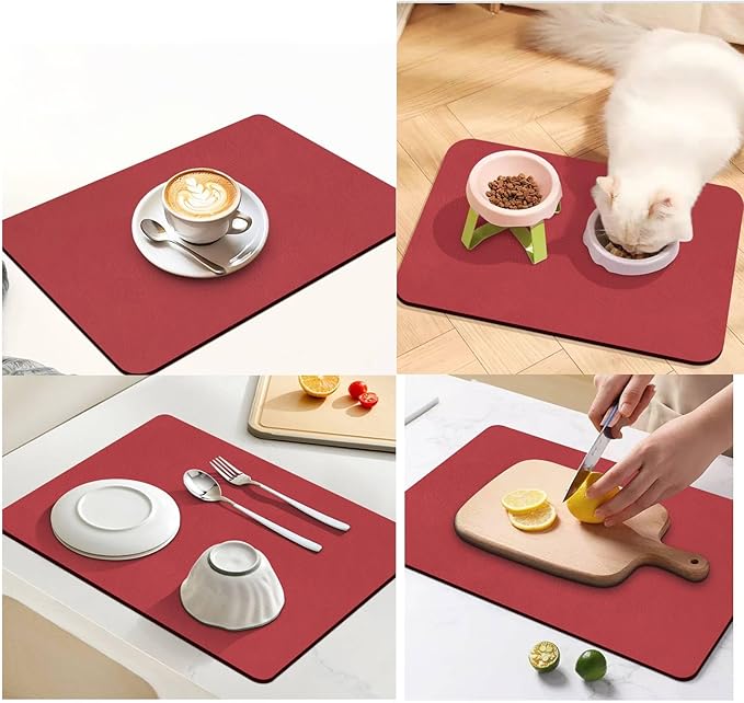 Dish Drying Mat for Kitchen Counter,Drying Mat for Dish Rack,Absorbent Hide Stain Rubber Mat,Coffee Mat, Kitchen Counter Mat (Red, 12"x19")