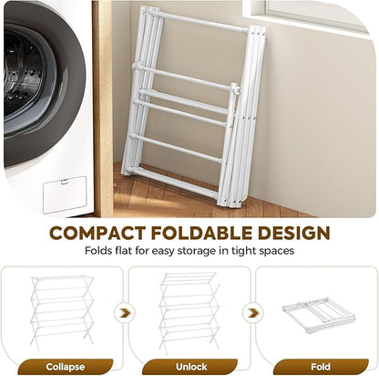 KINGBOARD Clothes Drying Rack, Collapsible Drying Rack Clothing with 11 Poles, 3-Tier Laundry Drying Rack, Small Clothes Drying Rack Foldable for Baby Clothes Sock Towel, 25lb Capacity, White & Grey