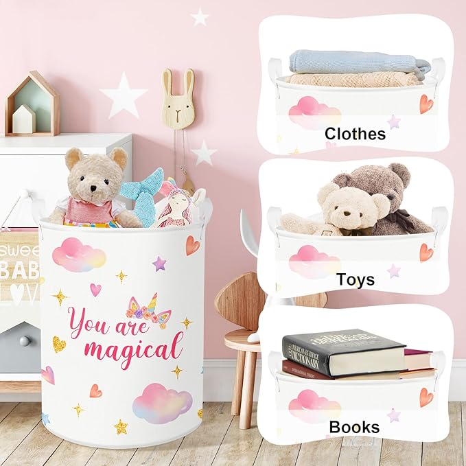Clastyle Adorable Rainbow Laundry Basket Kids Clothes Book Storage Basket Gift Toy Box for Bedroom Decor,Unicorn,36x45 cm