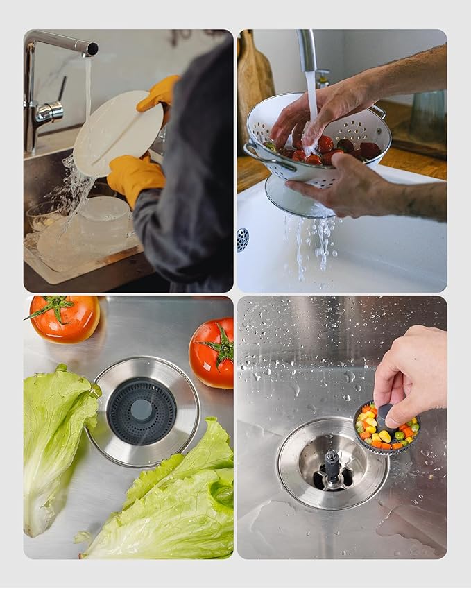 Hibbent Upgraded 3 in 1 Kitchen Sink Drain Strainer and Stopper Combo, Stainless Steel Metal Pop Up Sink Stopper, 3 Anti-Clogging Basket Strainer with Handle for US Standard 3-1/2 Inch Drain