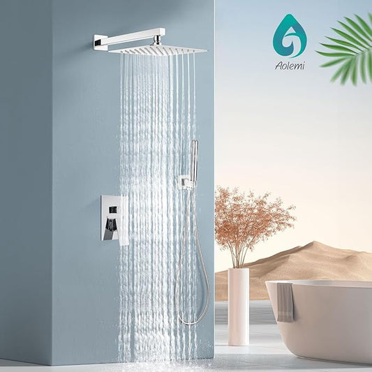 Aolemi Shower Faucet Set, High Pressure Shower System with 2-in-1 Handheld Sprayer, Wall Mount Fixture Combo with Rough-in Valve, 12 Inch Shower Head, Polish Chrome